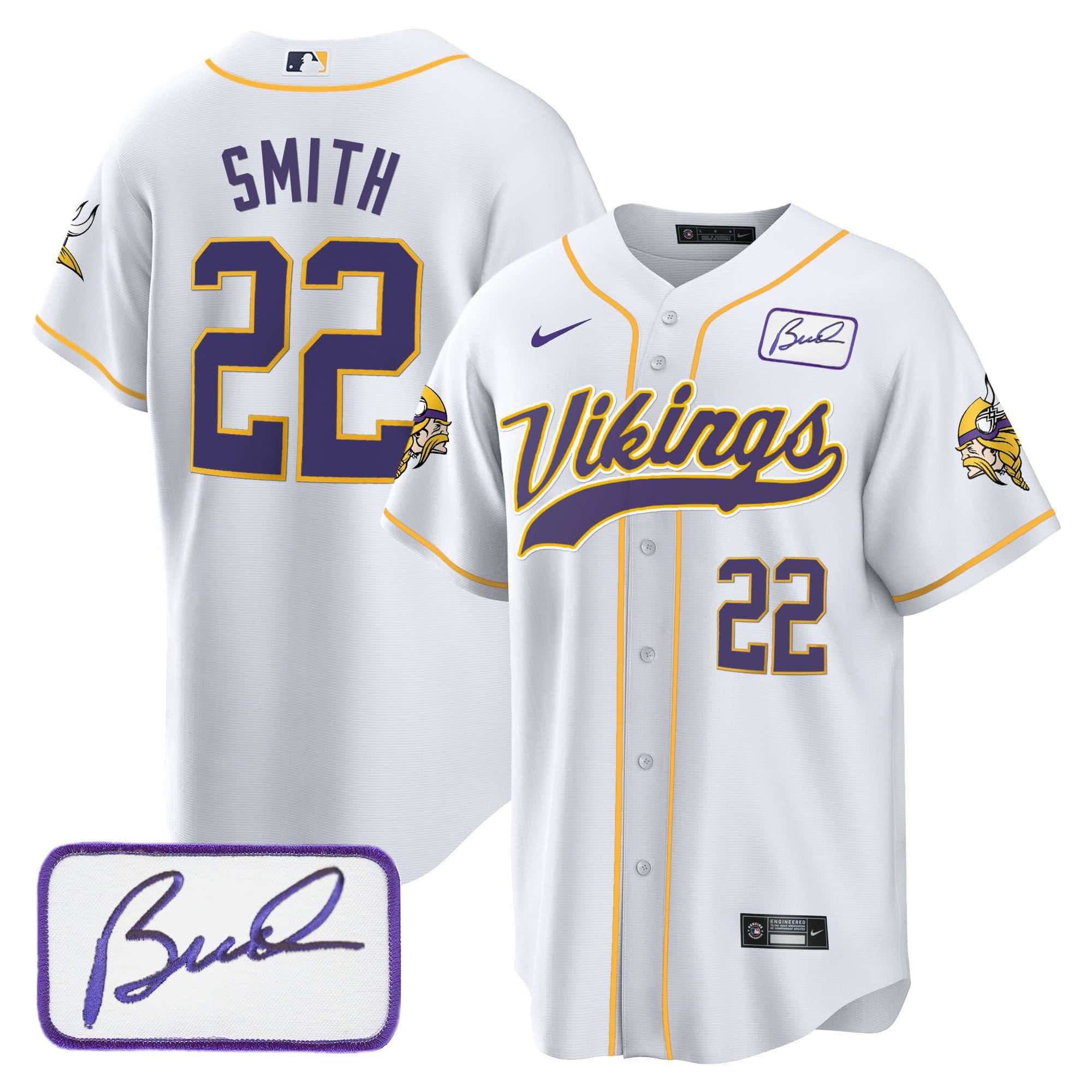 Men Minnesota Vikings #22 Smith White 2024 Nike Bud Grant Patch Classic Baseball NFL Jersey